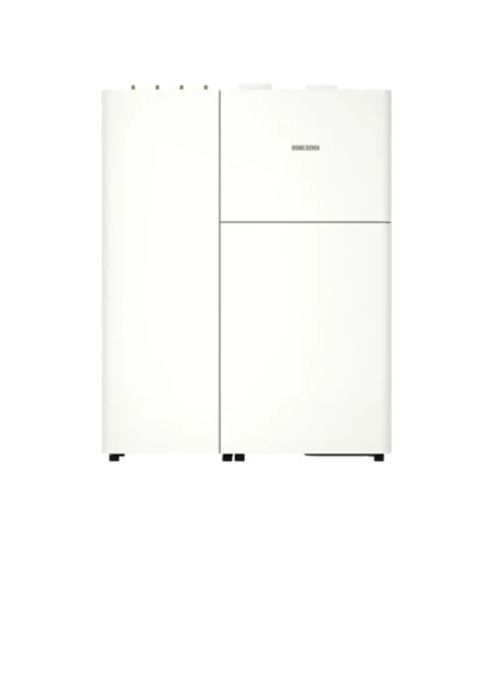 Weißes Lüftungsgerät von Stiebel Eltron mit zwei getrennten Fächern und oberen Anschlüssen, geeignet zur Luftzirkulation in Innenräumen.